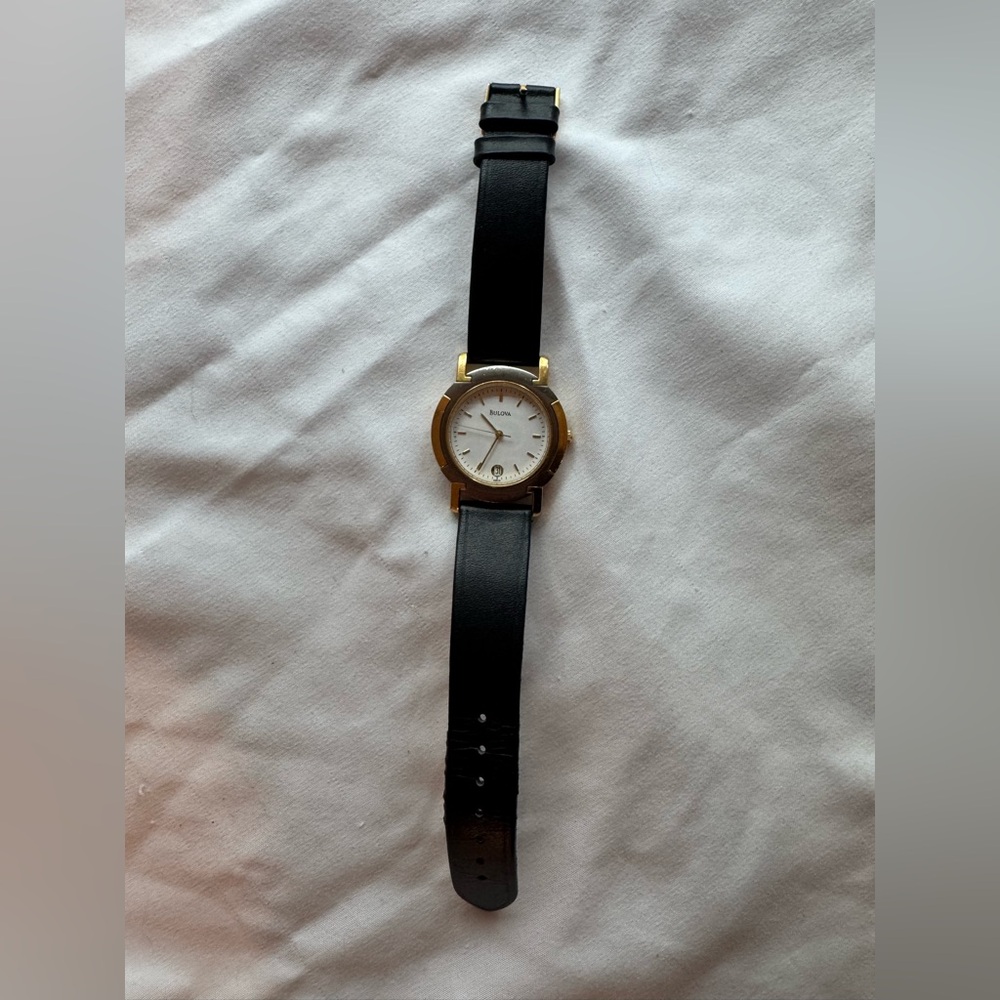 Bulova Gold Tone Quartz Watch Black Strap